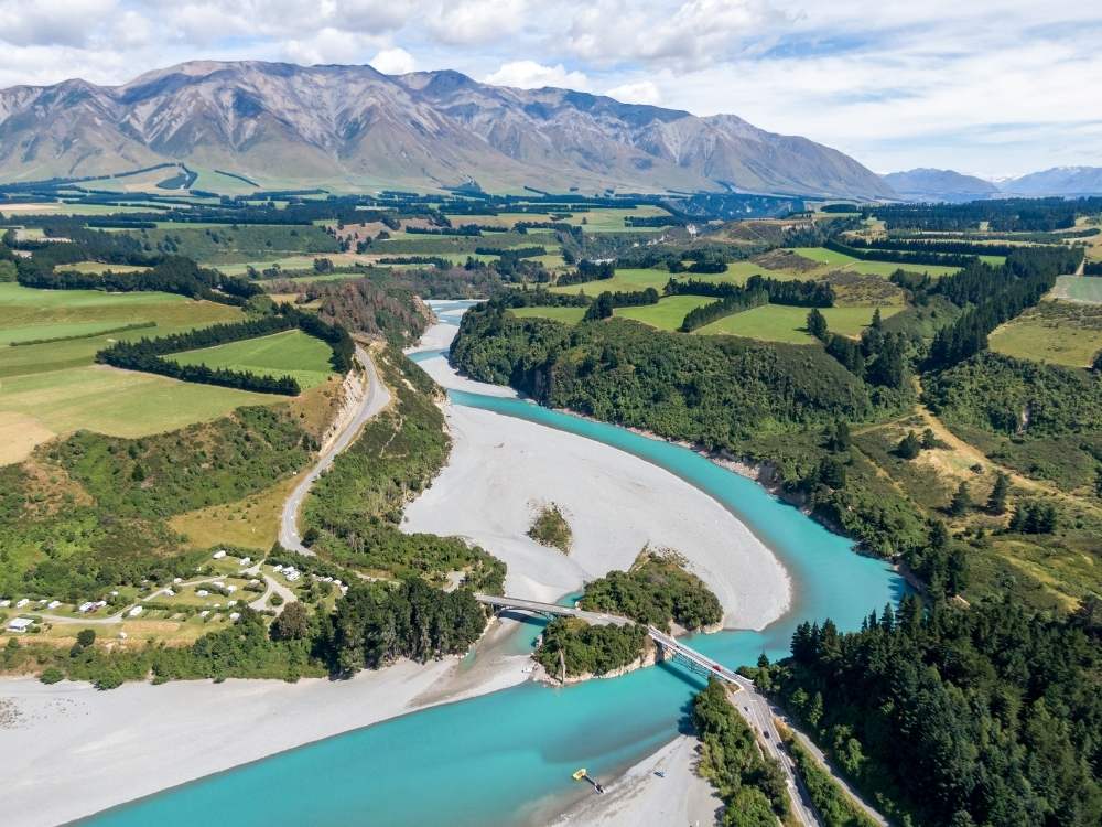 View above the Rakaia Gorge Bridge on the Rakaia Gorge Walkway, New Zealand Freewalks.nz