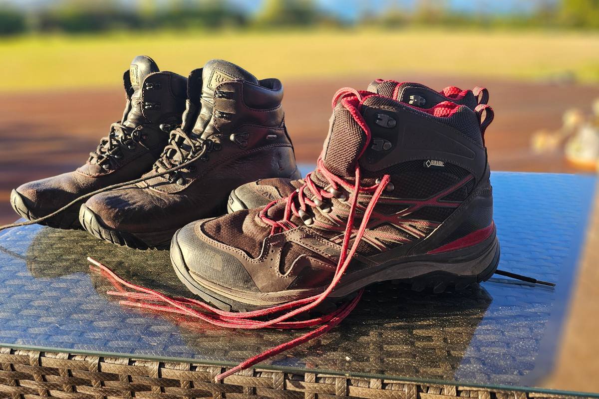 My hiking boots next to Alans