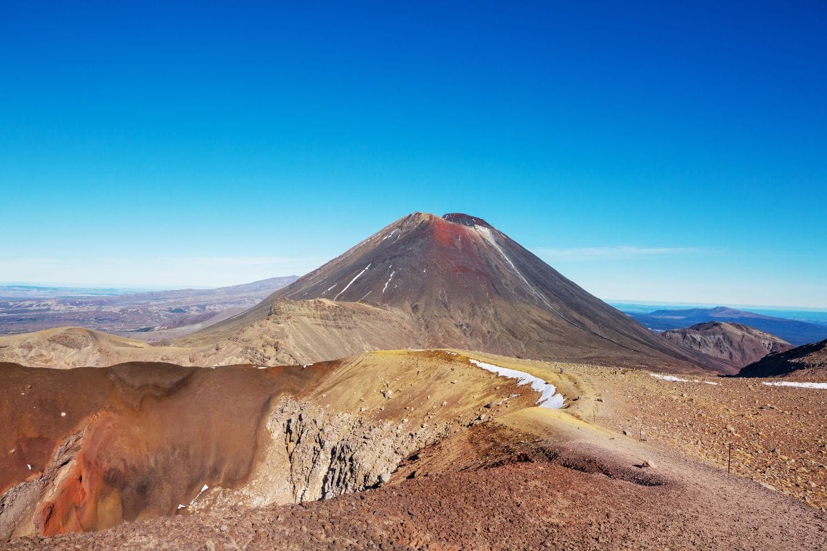 Tongariro Alpine Crossing in summer time with very little snow - this is rare!