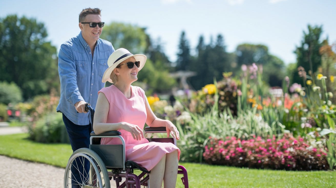 Lady being pushed in a wheelchair in the Hamilton Gardens